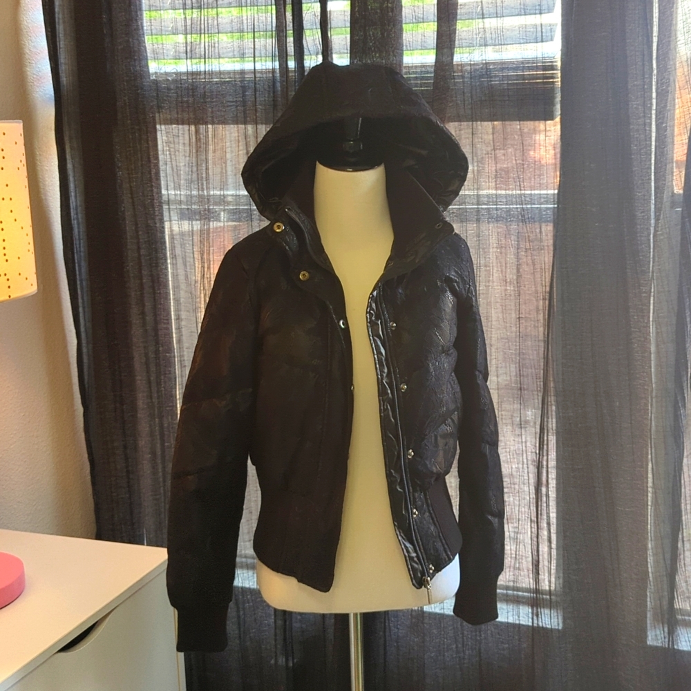 Blk Lace Covered Puffy Bomber Jacket w/ Removable Hood